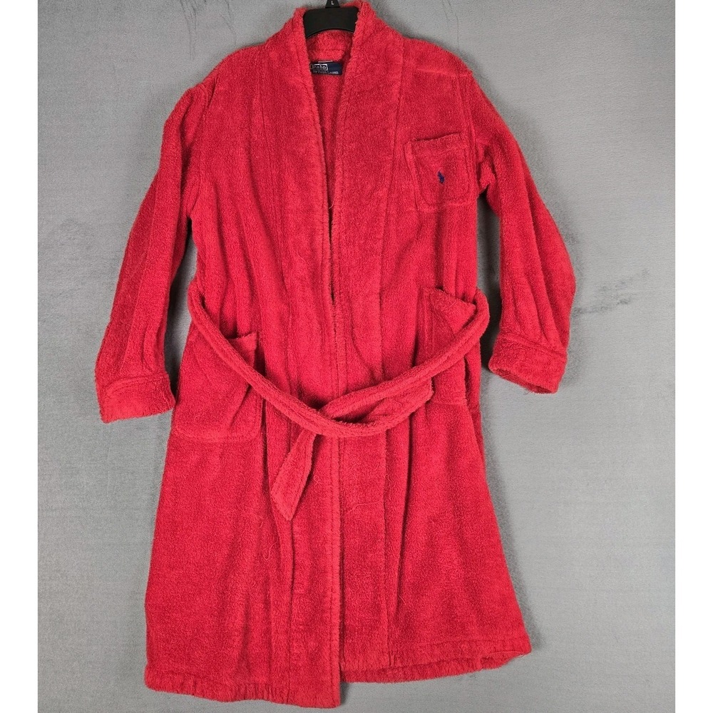 Vintage Polo Ralph Lauren Bath Robe‎ Mens Medium Red Terry Cotton Belted Cozy